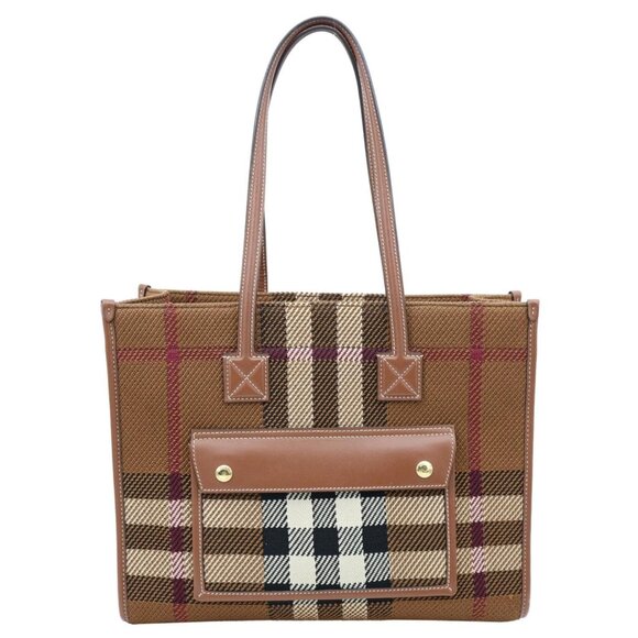 Burberry  Freya Small Knitted Check Canvas Tote Bag Brown - Picture 1 of 12